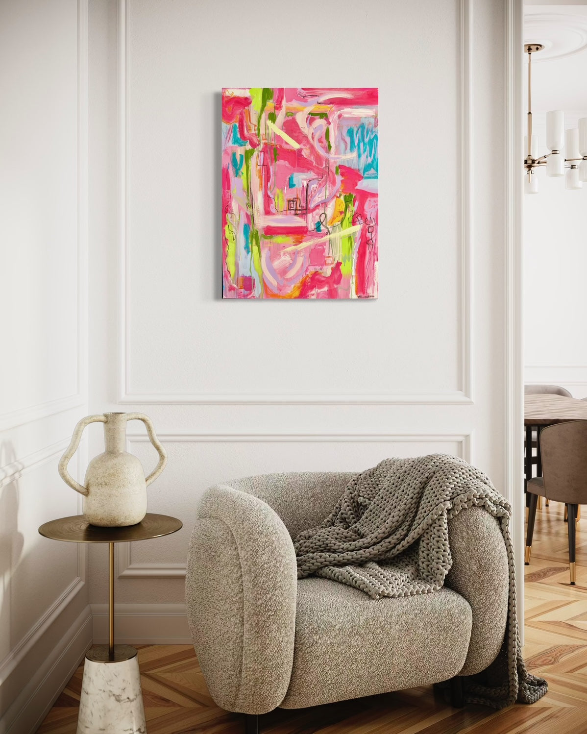 Large abstract painting with bold  brushstrokes inside mockup by Harriet Towning