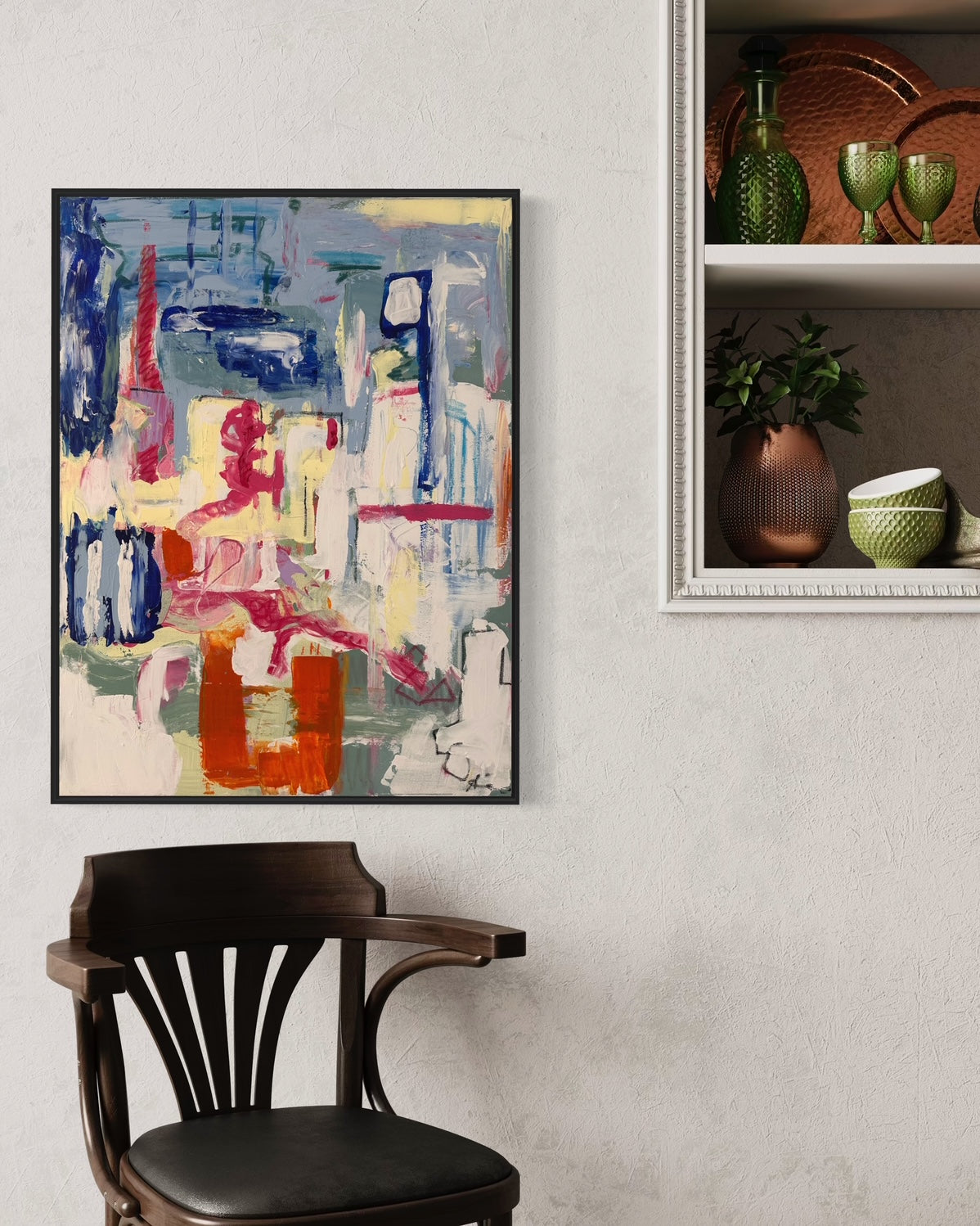 Large abstract painting with bold  brushstrokes and pastel accents inside mockup by Harriet Towning