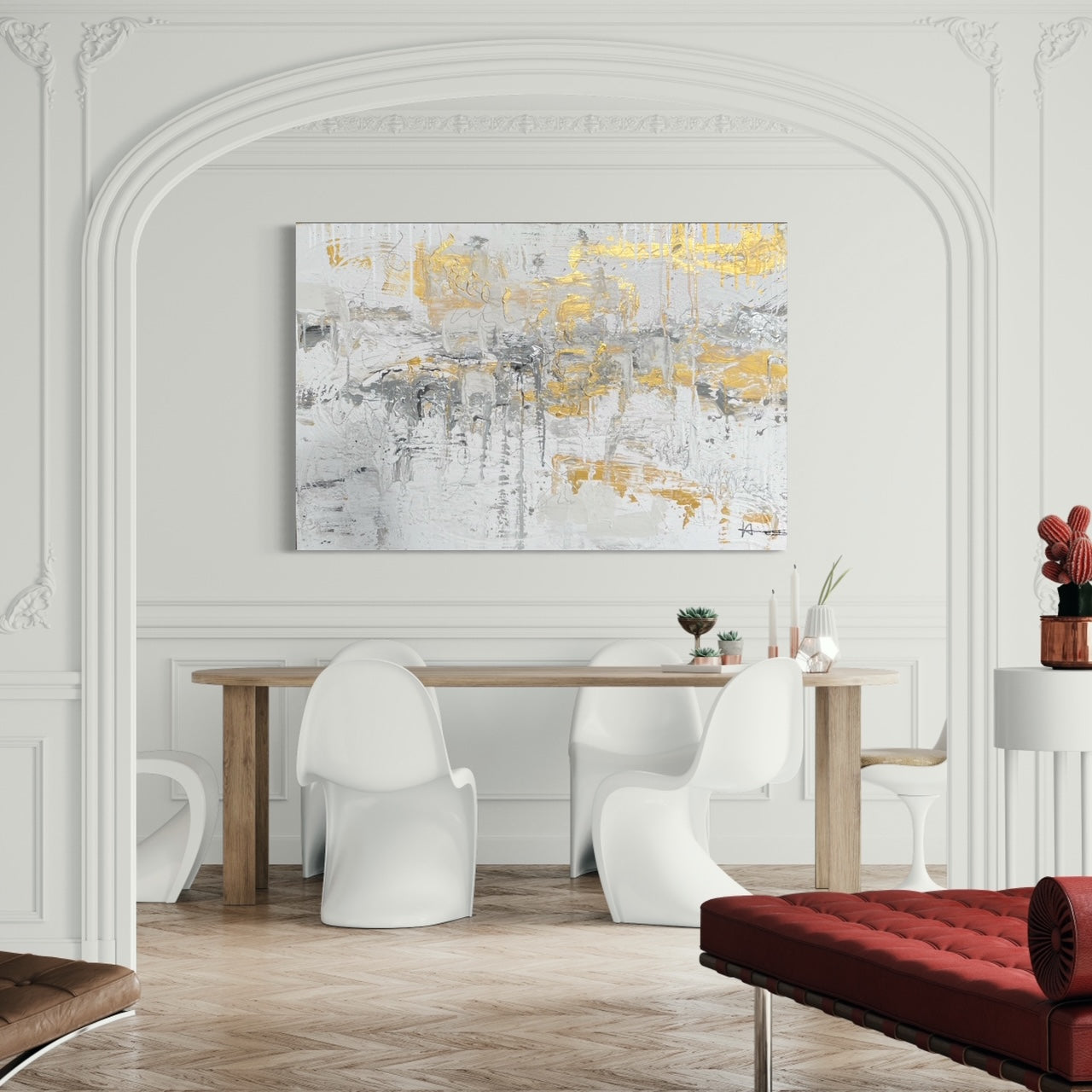 Large abstract painting with bold  brushstrokes and gold leaf accents inside mockup by Harriet Towning