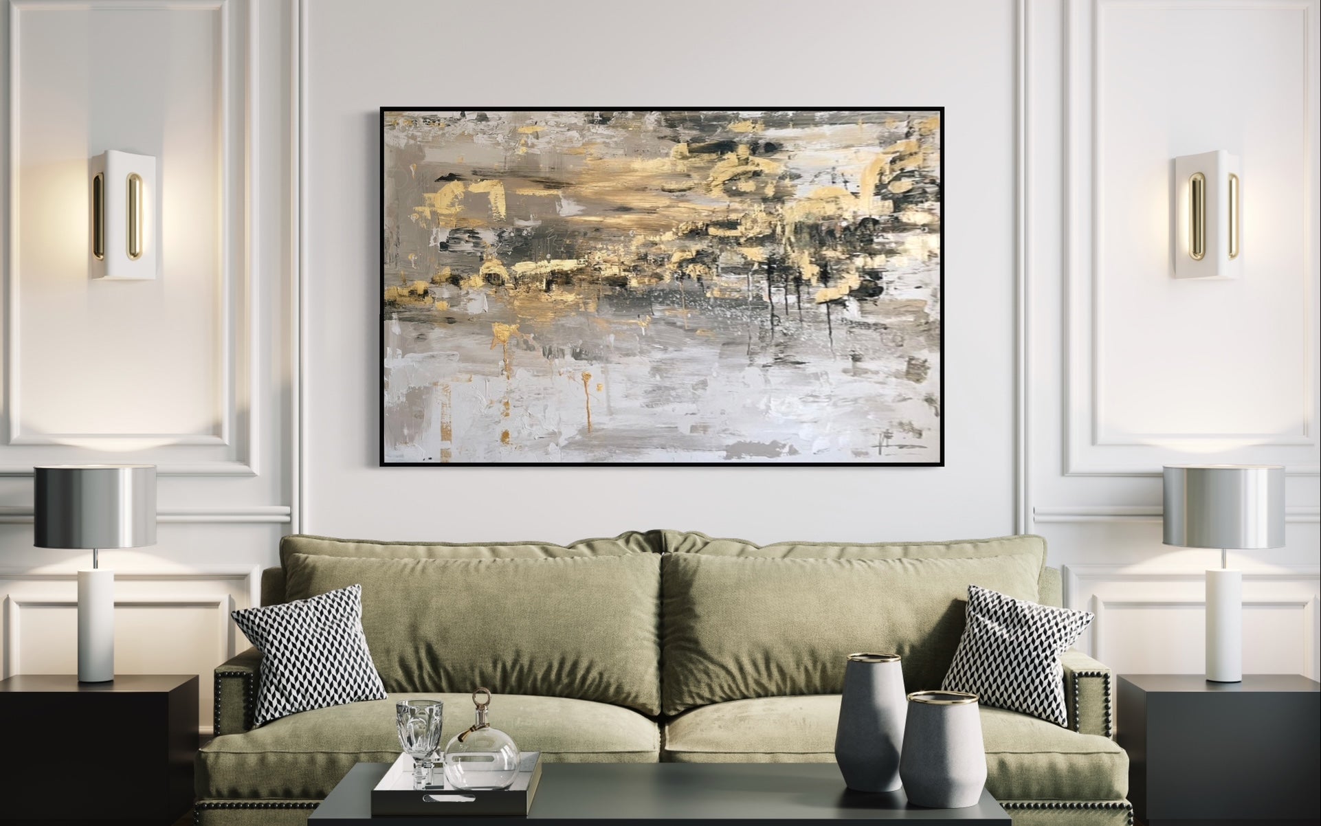 Large abstract painting with bold brushstrokes and gold leaf accents inside mockup by Harriet Towning