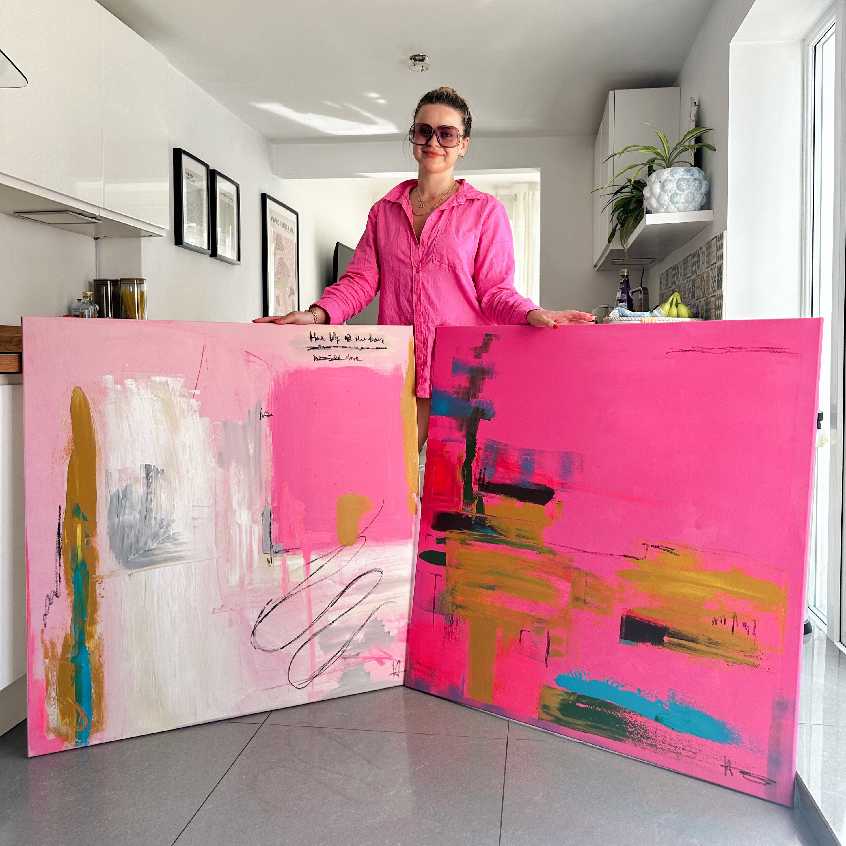 Image of Harriet Towning with her bold abstract artwork 'From Kefalonia With Love'
