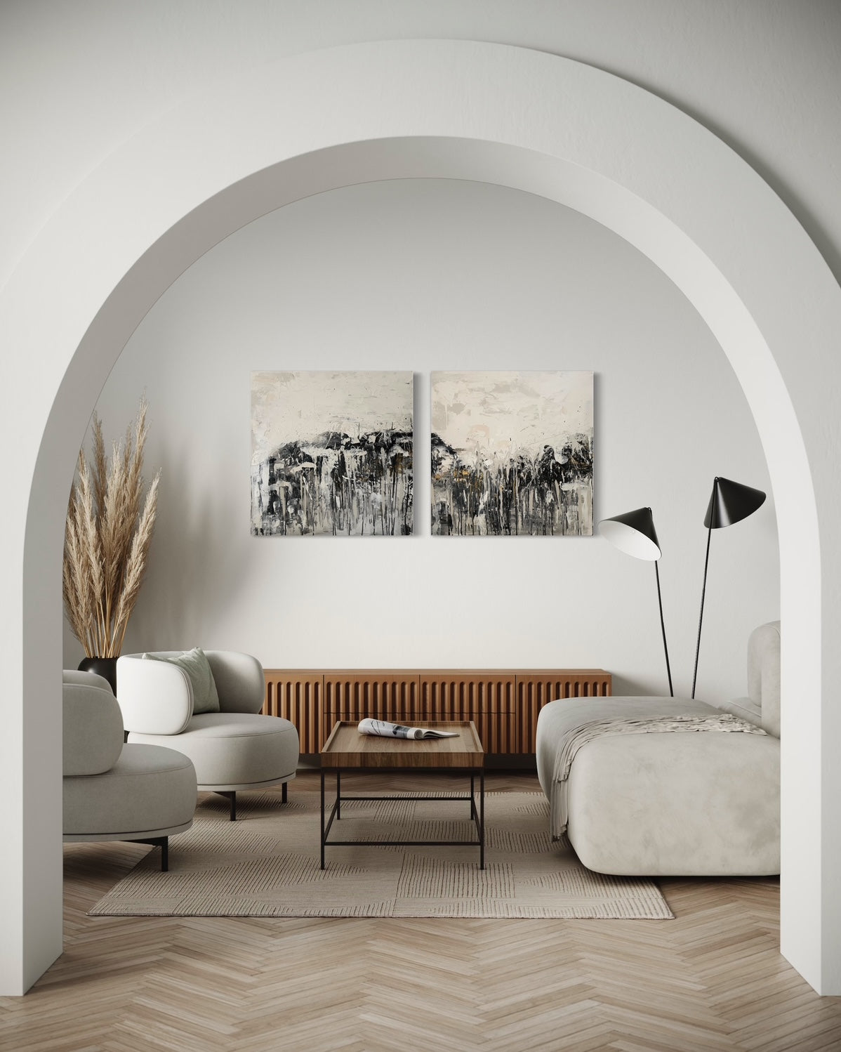 Two large abstract painting with bold  brushstrokes and gold leaf detail inside mockup by Harriet Towning