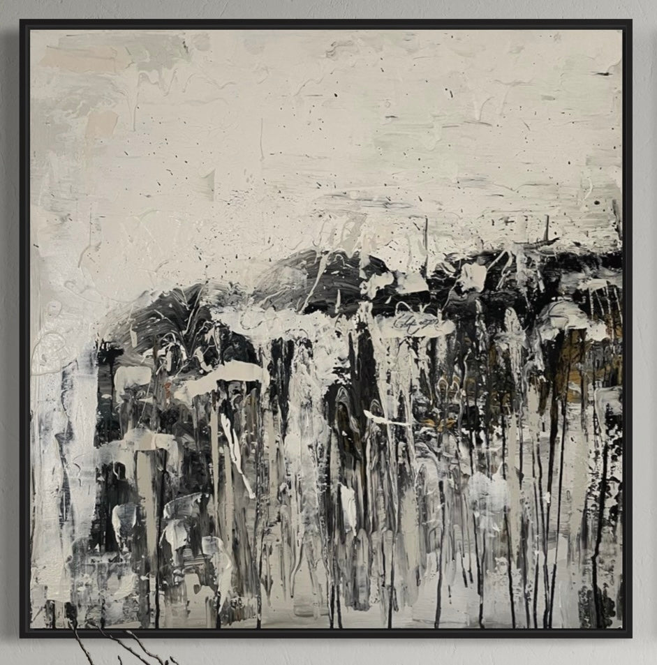 Large abstract painting with bold  brushstrokes and gold leaf accents inside mockup by Harriet Towning