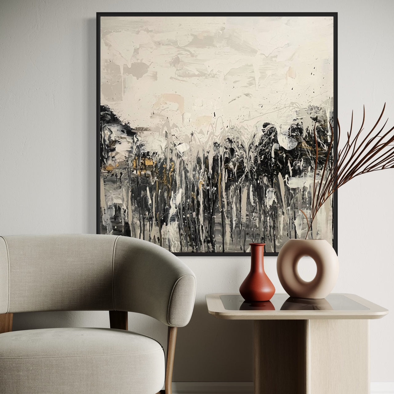 Large abstract painting with bold  brushstrokes and gold leaf accents inside mockup by Harriet Towning