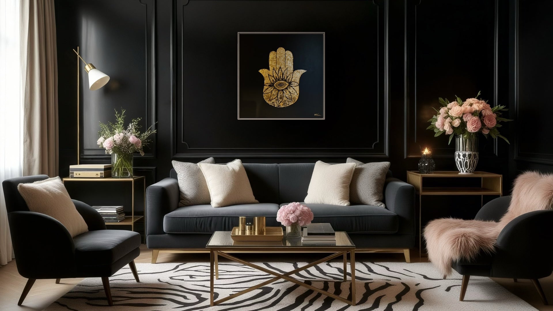 Large golden Hamsa Hand abstract painting inside mockup by Harriet Towning