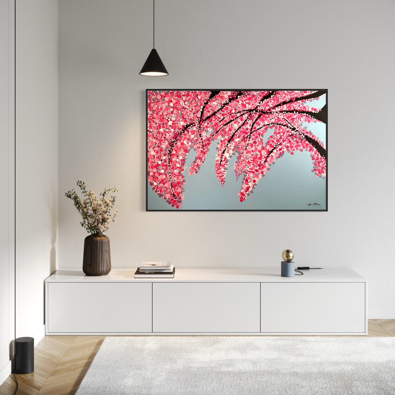 Large abstract blossom tree painting inside mockup by Harriet Towning