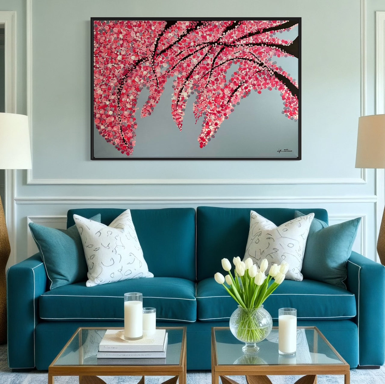 Large abstract blossom tree painting with bold  brushstrokes inside mockup by Harriet Towning