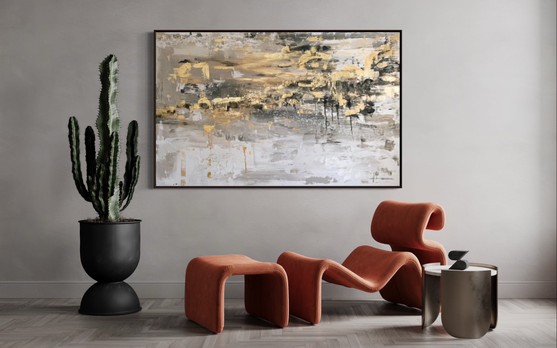 Large abstract painting with bold brushstrokes and gold leaf accents by Harriet Towning