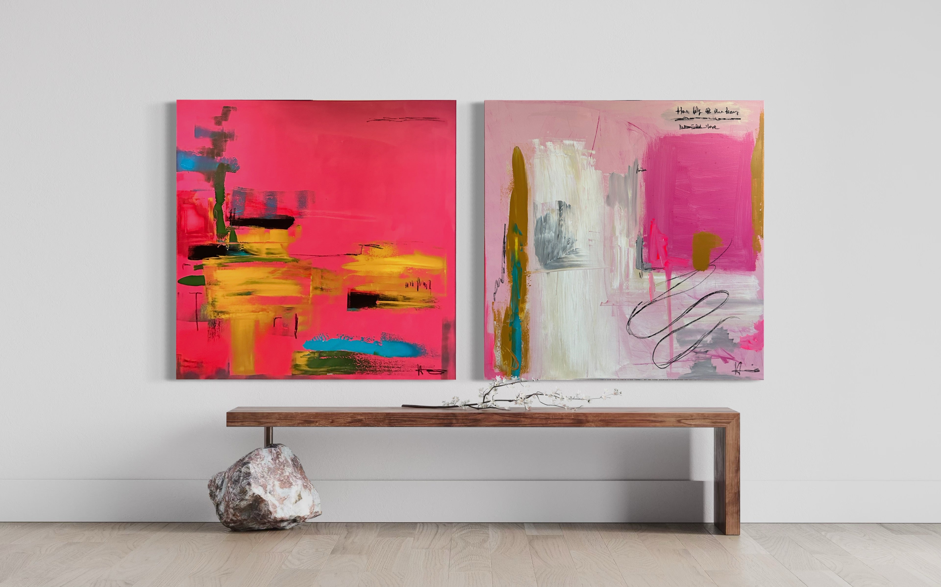 Large abstract painting with bold  brushstrokes and soft pastel accents by Harriet Towning